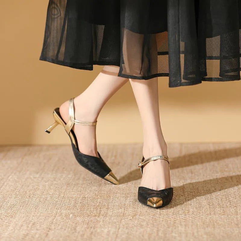 Women's genuine leather high-heeled sandal with pointed toe and 6cm heel in four colour options