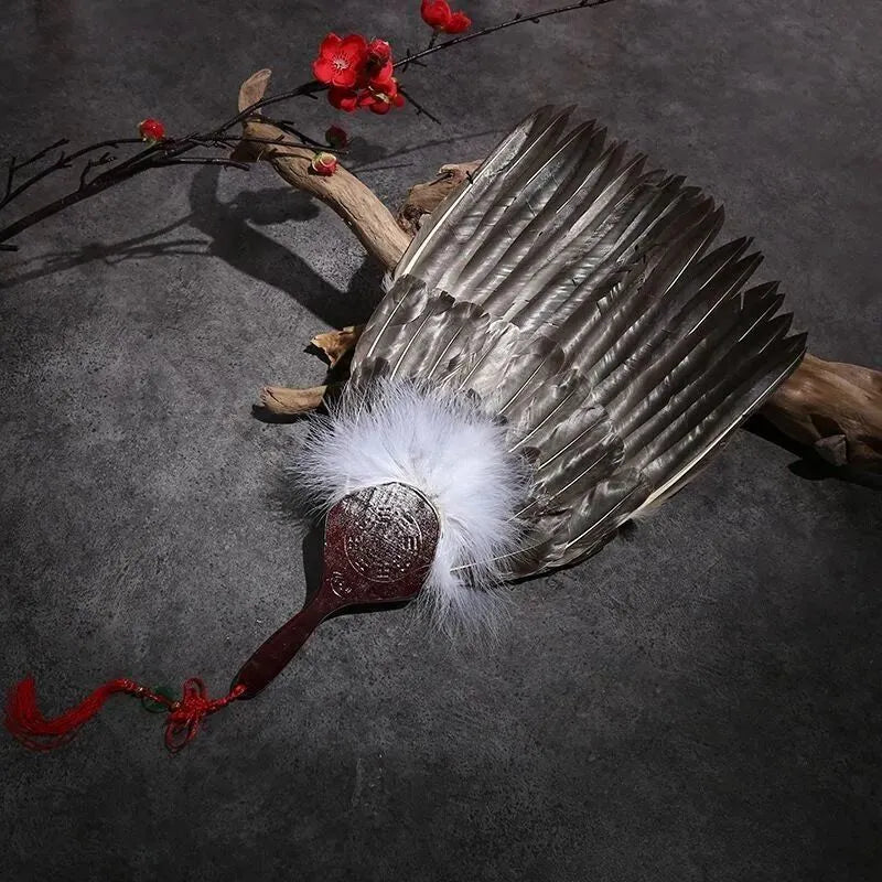 Handmade three-layer feather fan 33cm Zhuge Liang design decorative fan