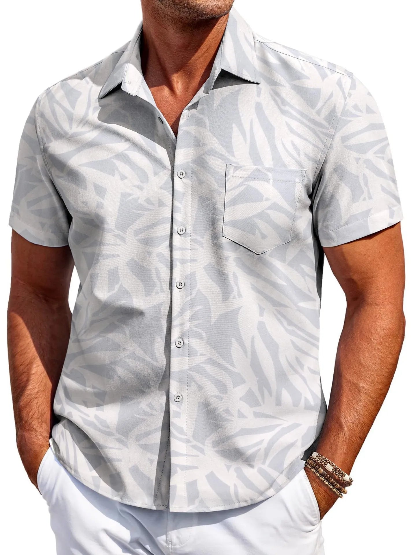 Men's slim fit short sleeve Hawaiian shirt in cardigan style, shown in a solid colour.