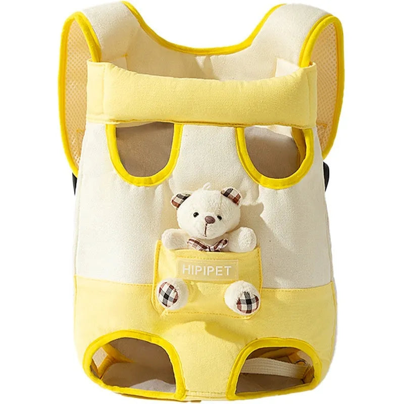 Cartoon canvas chest pet carrier bag in Beka yellow bear with ribbon trim, front view