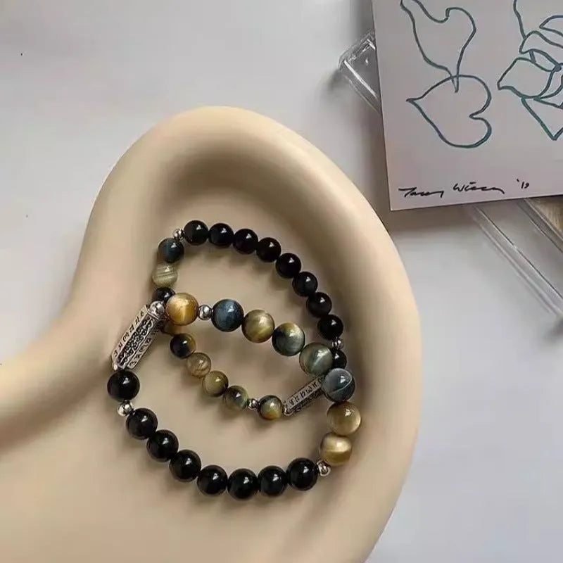 S925 sterling silver bracelet with Tigereye Obsidian beads and mantra engraving for men and women.