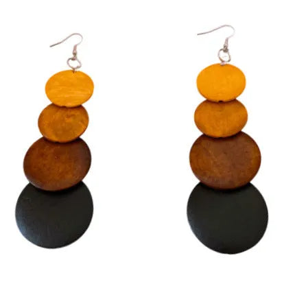 Ethnic style round wooden bead tassel earrings in coffee colour