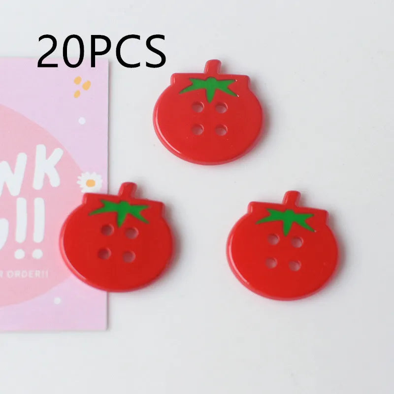 Plastic tomato button ornaments in cherry tomato printing, red plaid, solid red, and mixed colour designs