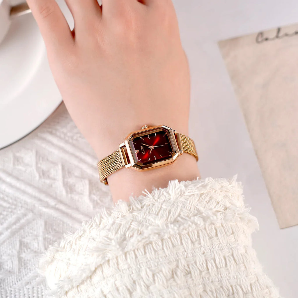 Women's square retro casual watch with rose shell case and multiple colour dial options