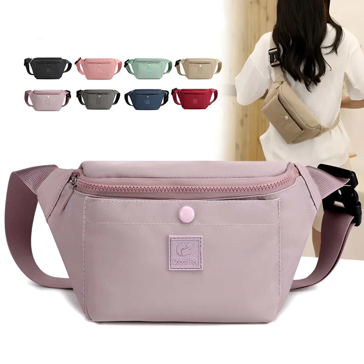 Women's nylon crossbody fanny pack in black with zippered compartments and letter detail.
