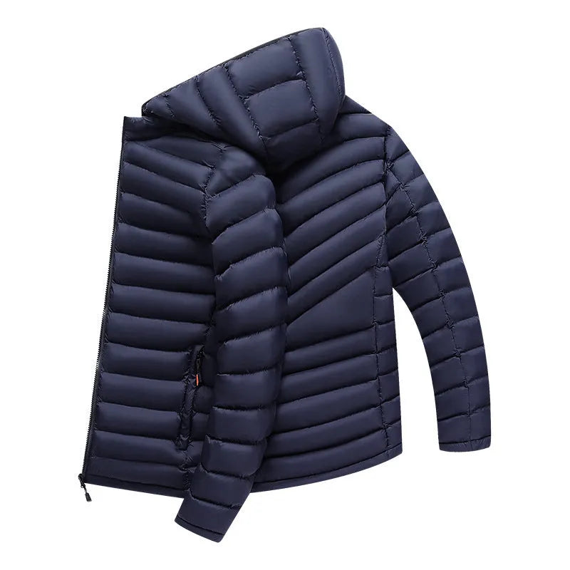Men's lightweight solid-colour hooded down jacket with a detachable collar and zipper pockets.