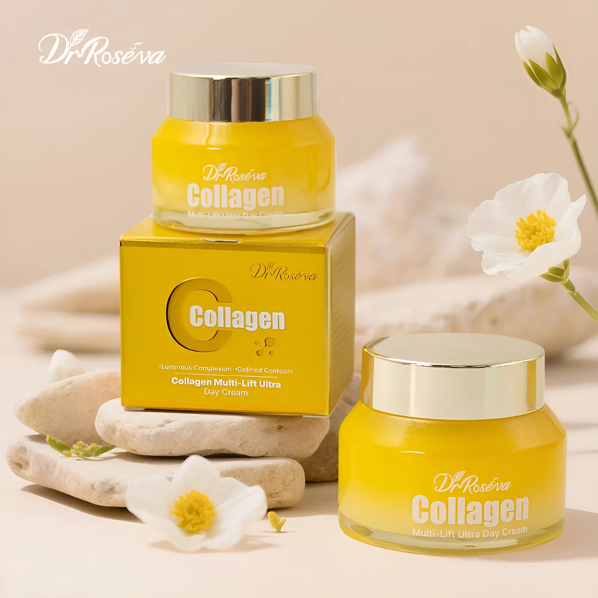 Dr. Roseva Daily Care Collagen Day Cream 166g jar with white label and gold accents
