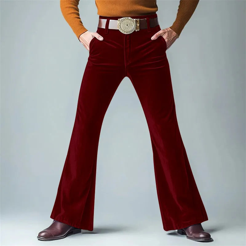 Men's gold velvet slim flared suit pants in black colour showing slight flare detail
