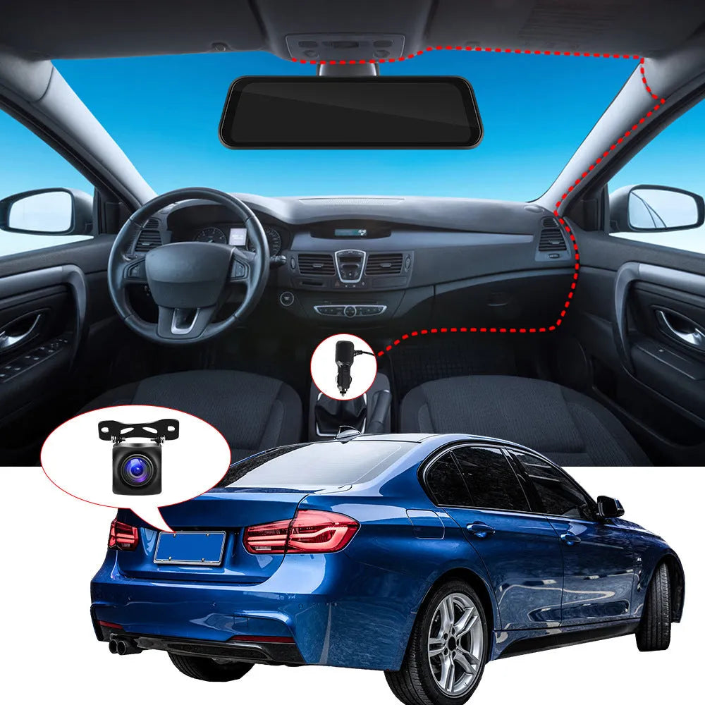 9.66-inch HD rearview mirror dash cam with CarPlay and Android Auto on car windshield