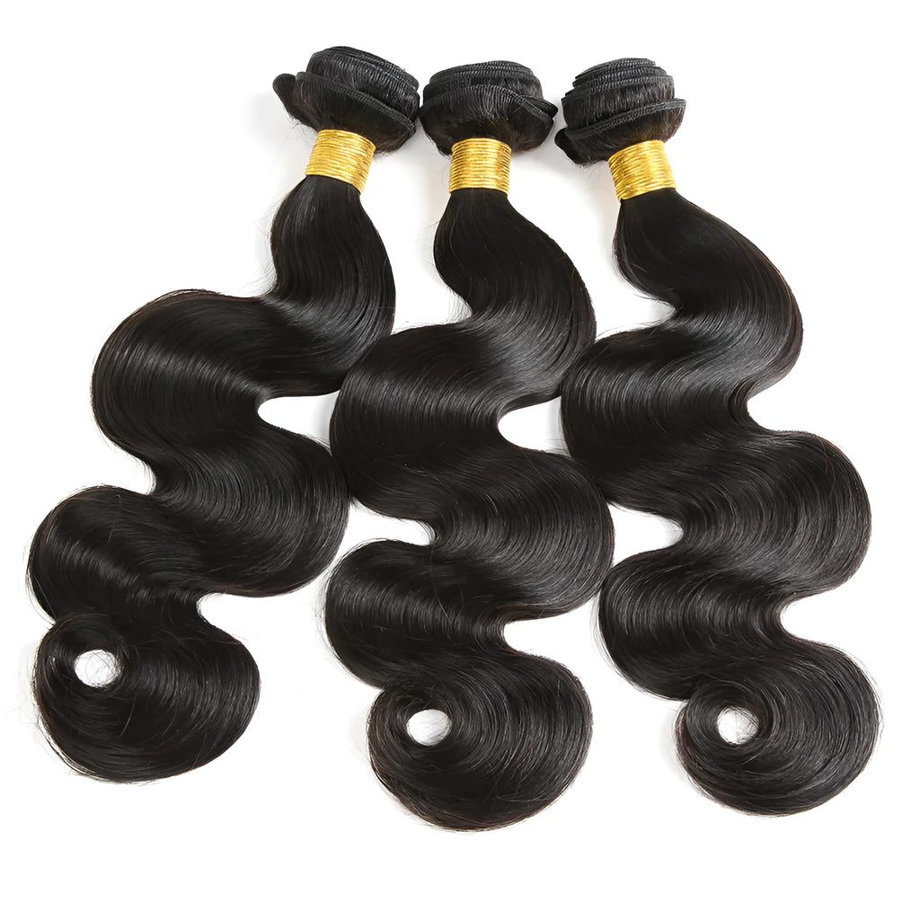 Piece body wave human hair bundles in black, lengths 8 to 24 inches, on a light background