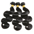 Piece body wave human hair bundles in black, lengths 8 to 24 inches, on a light background