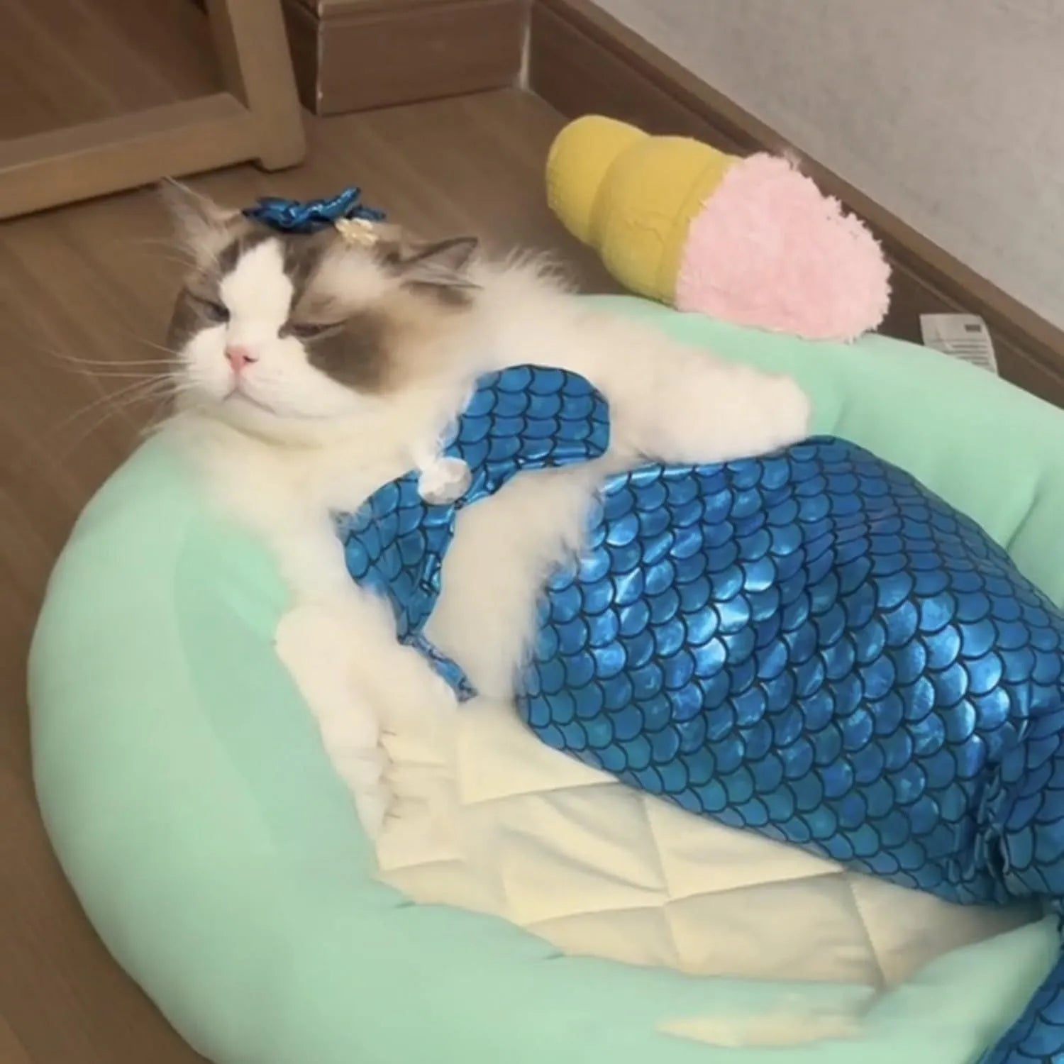 Blue pet mermaid costume with scale pattern on a cat, showing elastic chest strap and long fishtail.