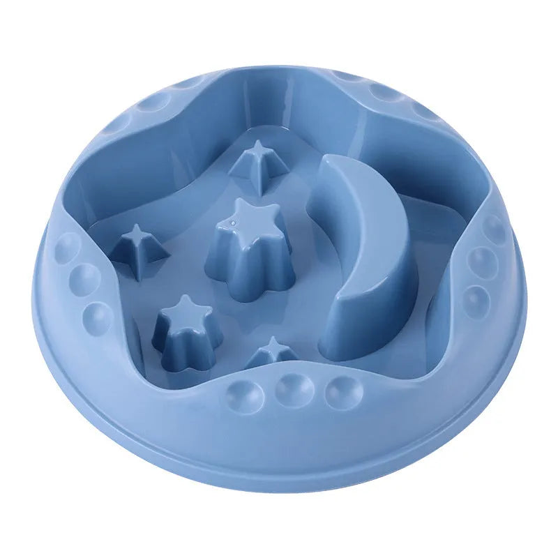 Large pet slow feeder bowl with moon and star obstacles inside, shown in blue colour.