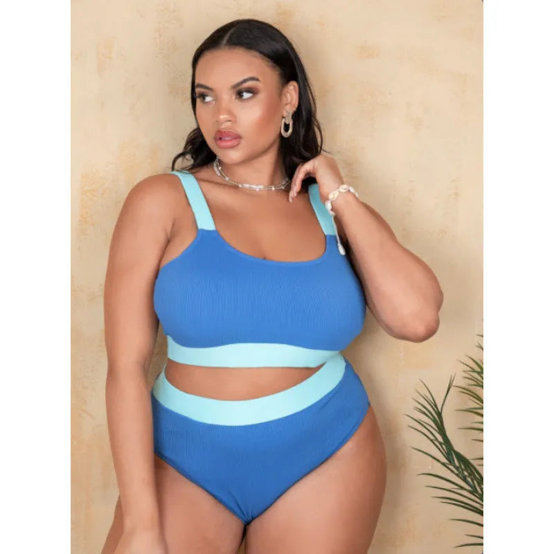 Women's solid colour polyester bikini set with high-waisted briefs and split stitching detail.