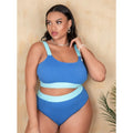 Women's solid colour polyester bikini set with high-waisted briefs and split stitching detail.