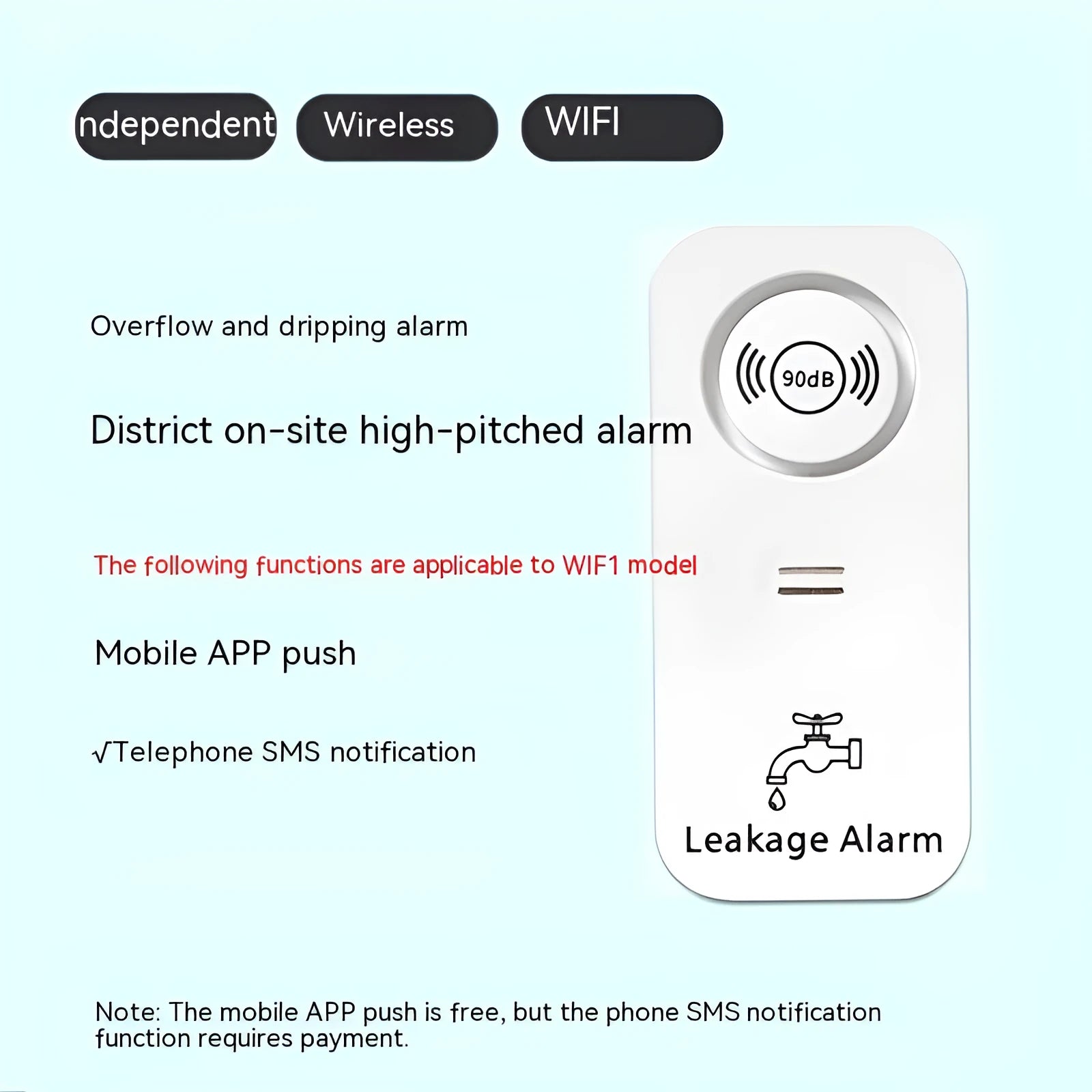 Independent wireless overflow sensor alarm for water leak detection in commercial and residential settings