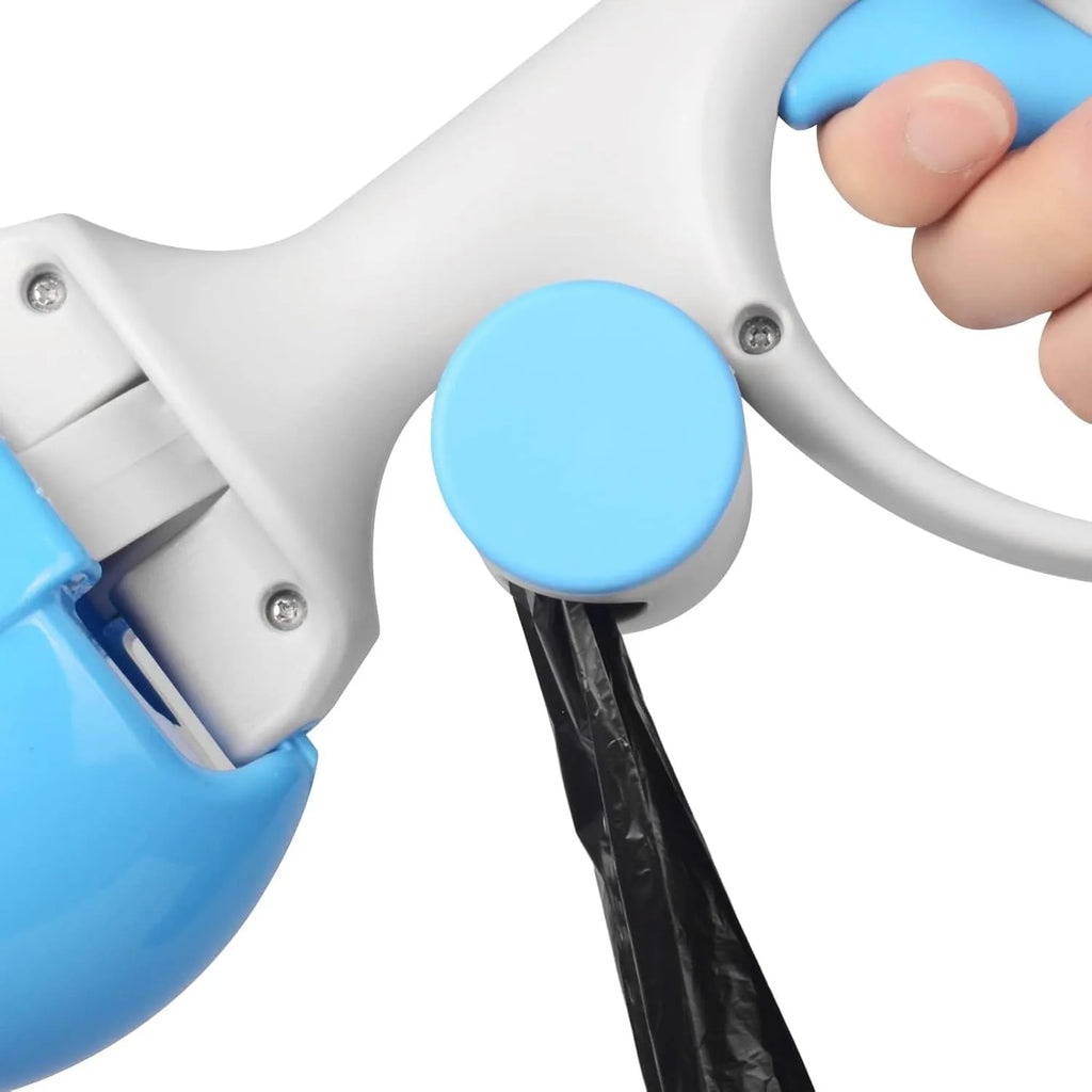 Blue pet pooper scooper with integrated trash bag holder and top carry hook.