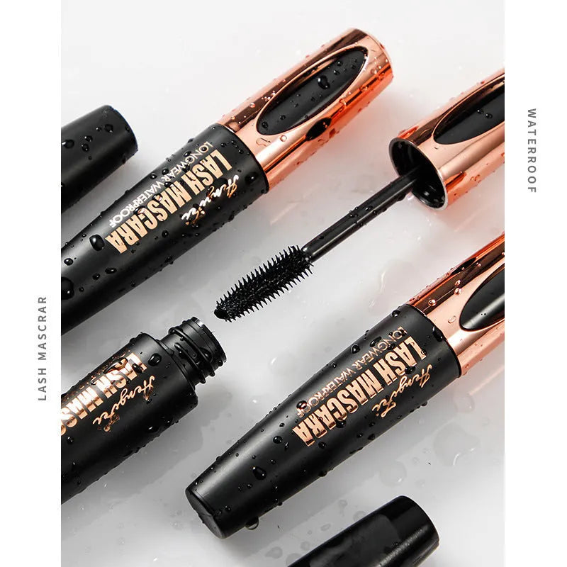 Black waterproof and sweat-proof mascara tube for thick, long, curled lashes that resist smudging.