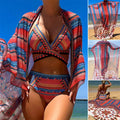Women's three-piece swimsuit set showing high-waist briefs, sleeveless cutout top, and matching swim coat.