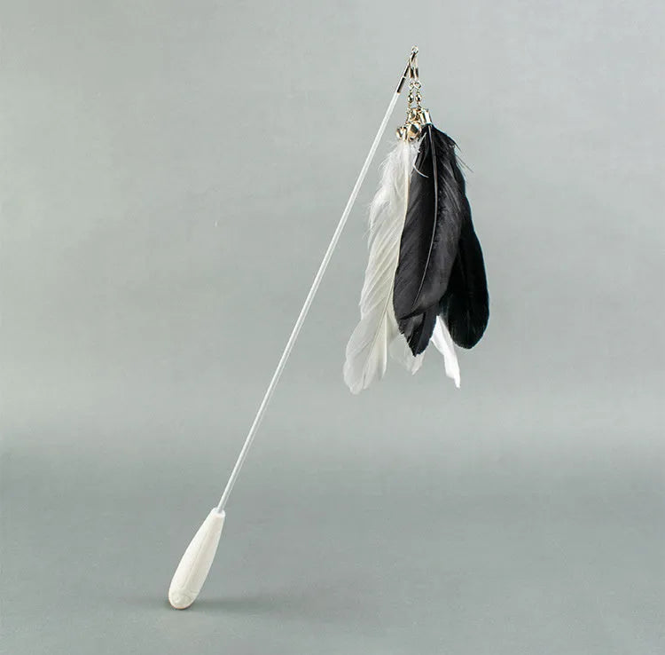 Telescopic cat fishing rod toy with goose feather lures and a bell, shown extended and collapsed.