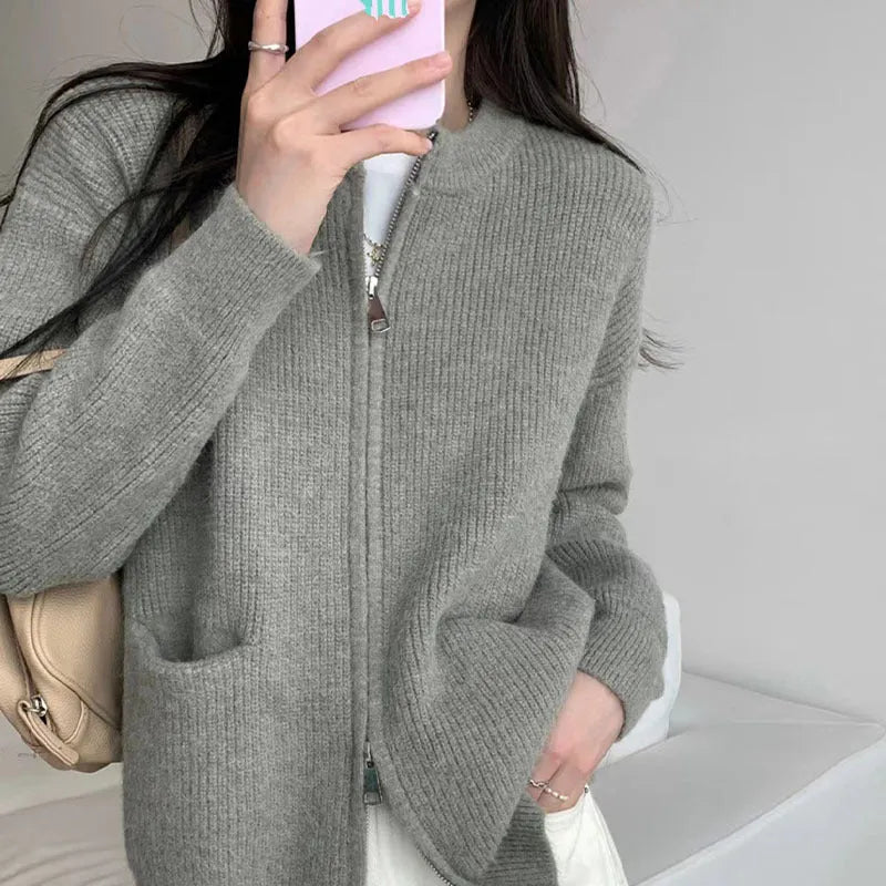 Beige viscose fibre sweater coat with long sleeves cardigan styling