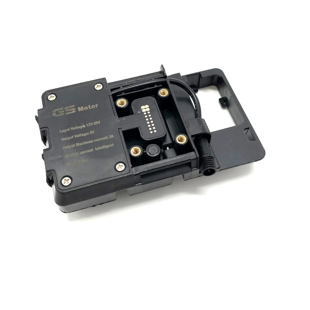 Black ABS plastic phone mounting bracket for BMW R1200GS and R1250GS motorcycles.