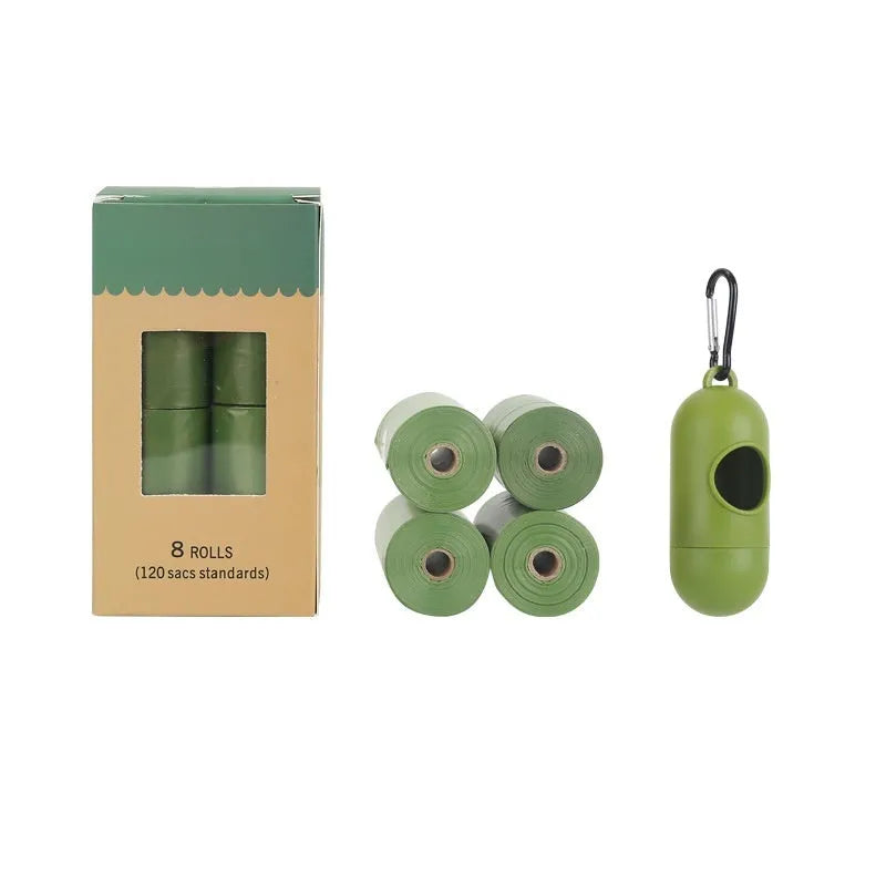 Green roll of EPI degradable thickened pet poop bags next to a green dispenser unit on a white background.