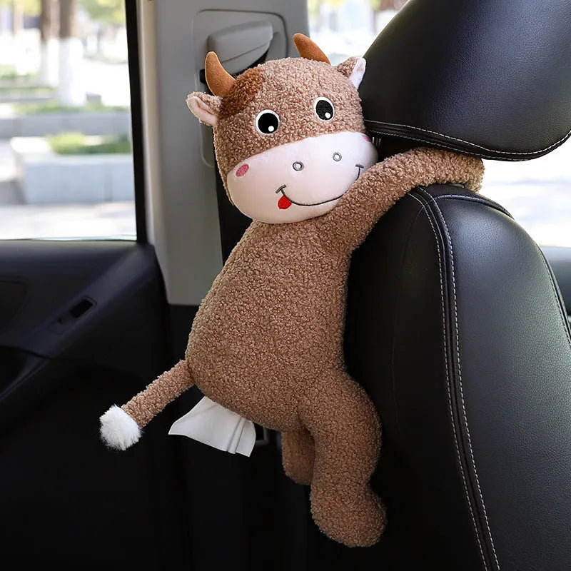 Soft plush car seat back tissue box holder with cute animal design