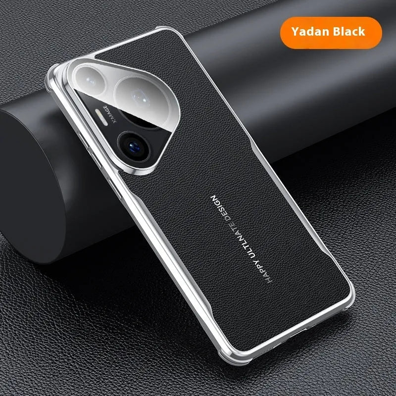 Leather Huawei phone case in black showing integrated metal stand deployed.