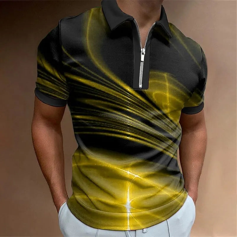 Men's blue loose fit short sleeve zipper polo shirt made from bird eye cloth.