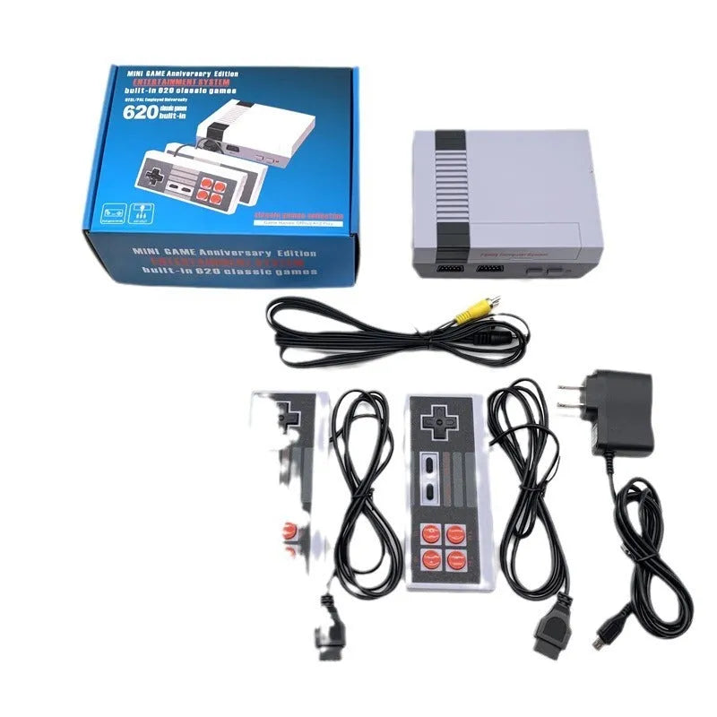 Compact black retro NES game console with two rectangular controllers on a white background.