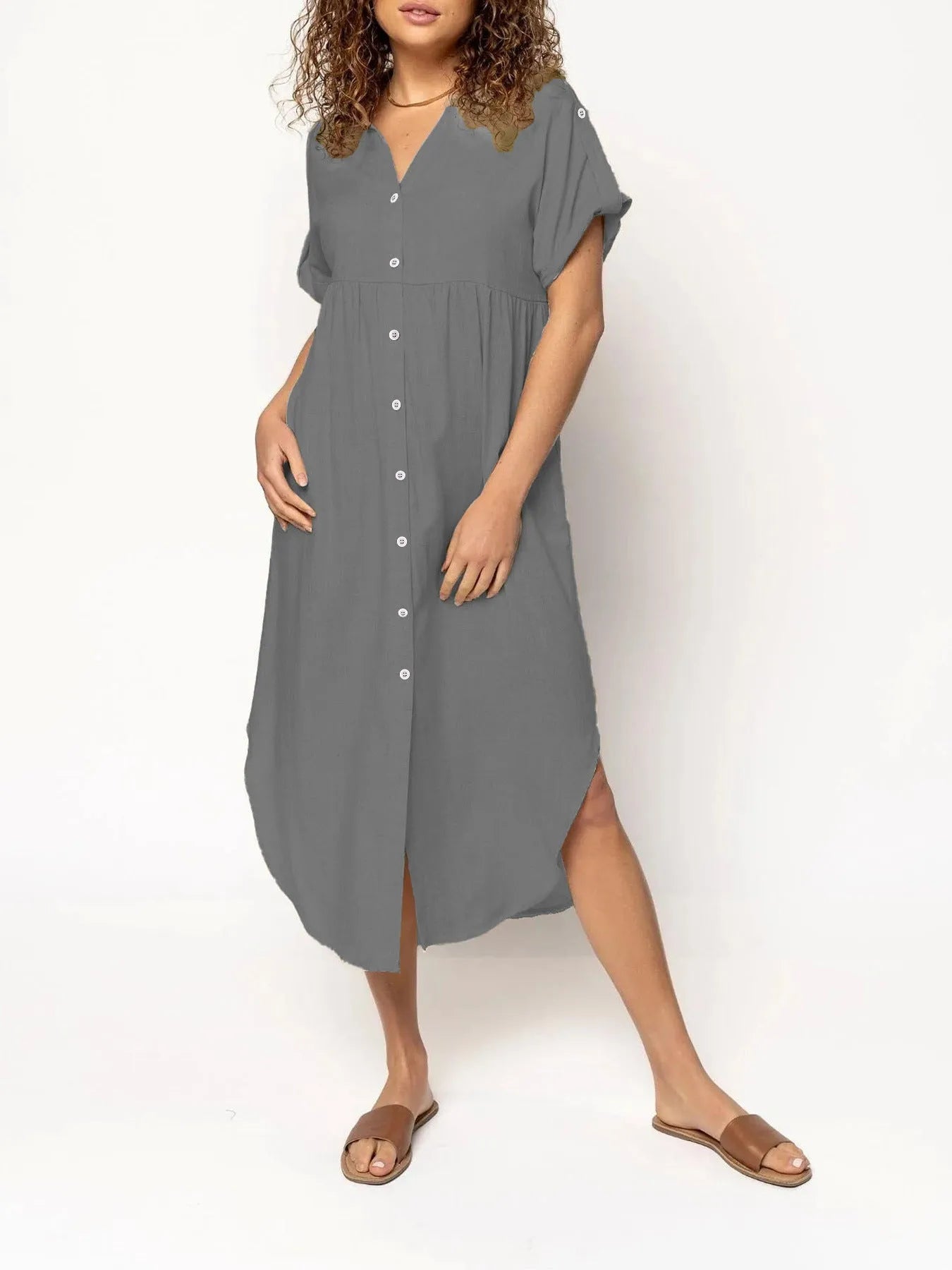 Mid-length casual dress with button front in solid colour, Japanese Korean style with regular sleeves