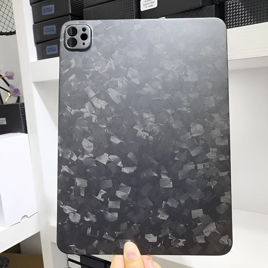 Carbon fibre flat protective cover for iPad Pro 11 inch in a plaid design with embossing.