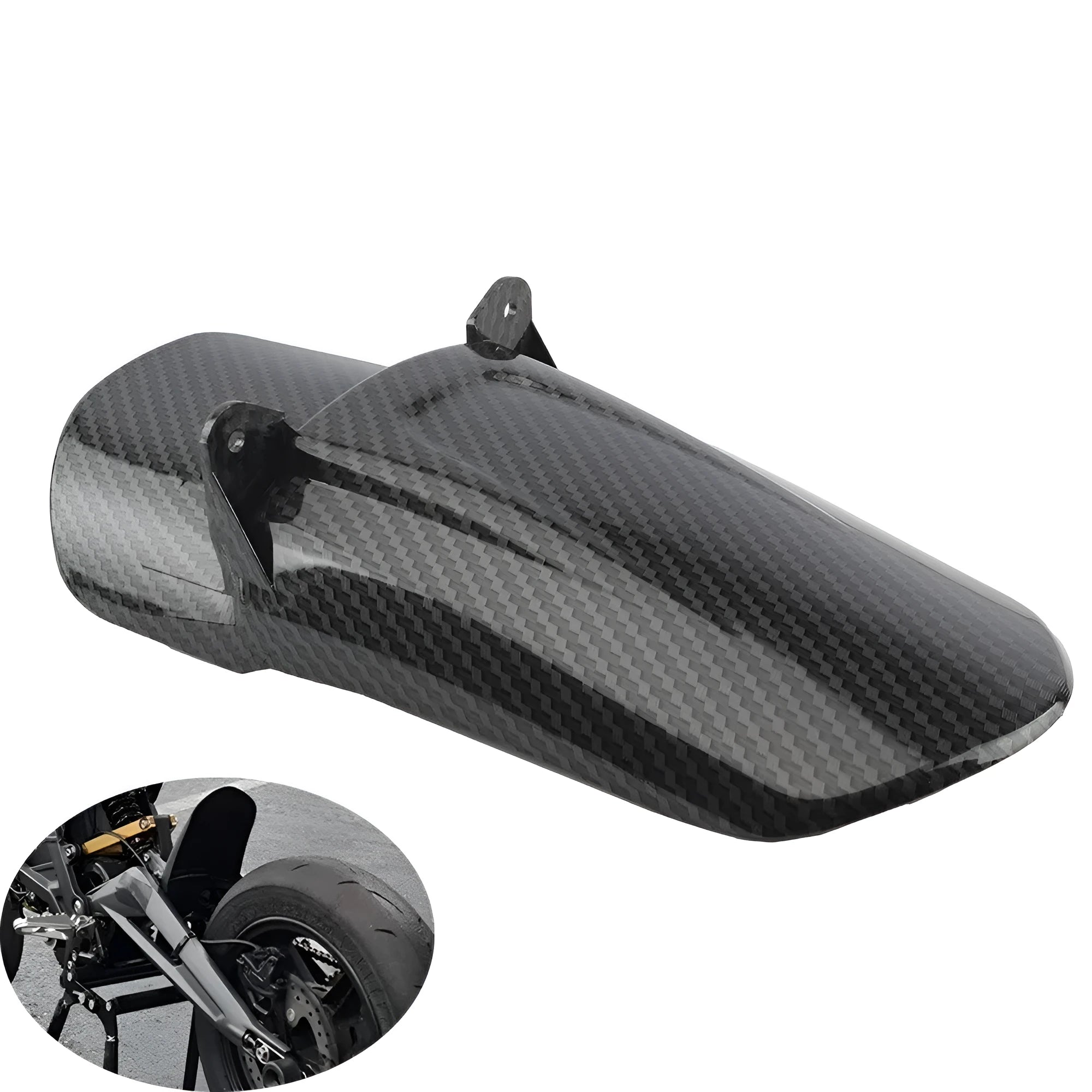 Carbon fibre rear shock absorber fender for a scrambling motorcycle.