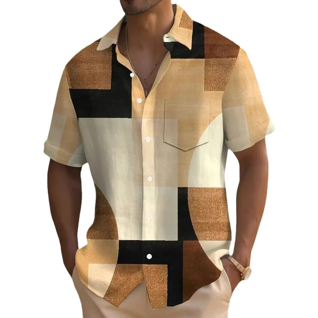 Men's loose fit cardigan shirt with retro geometric 3D printed squares in contrast colours