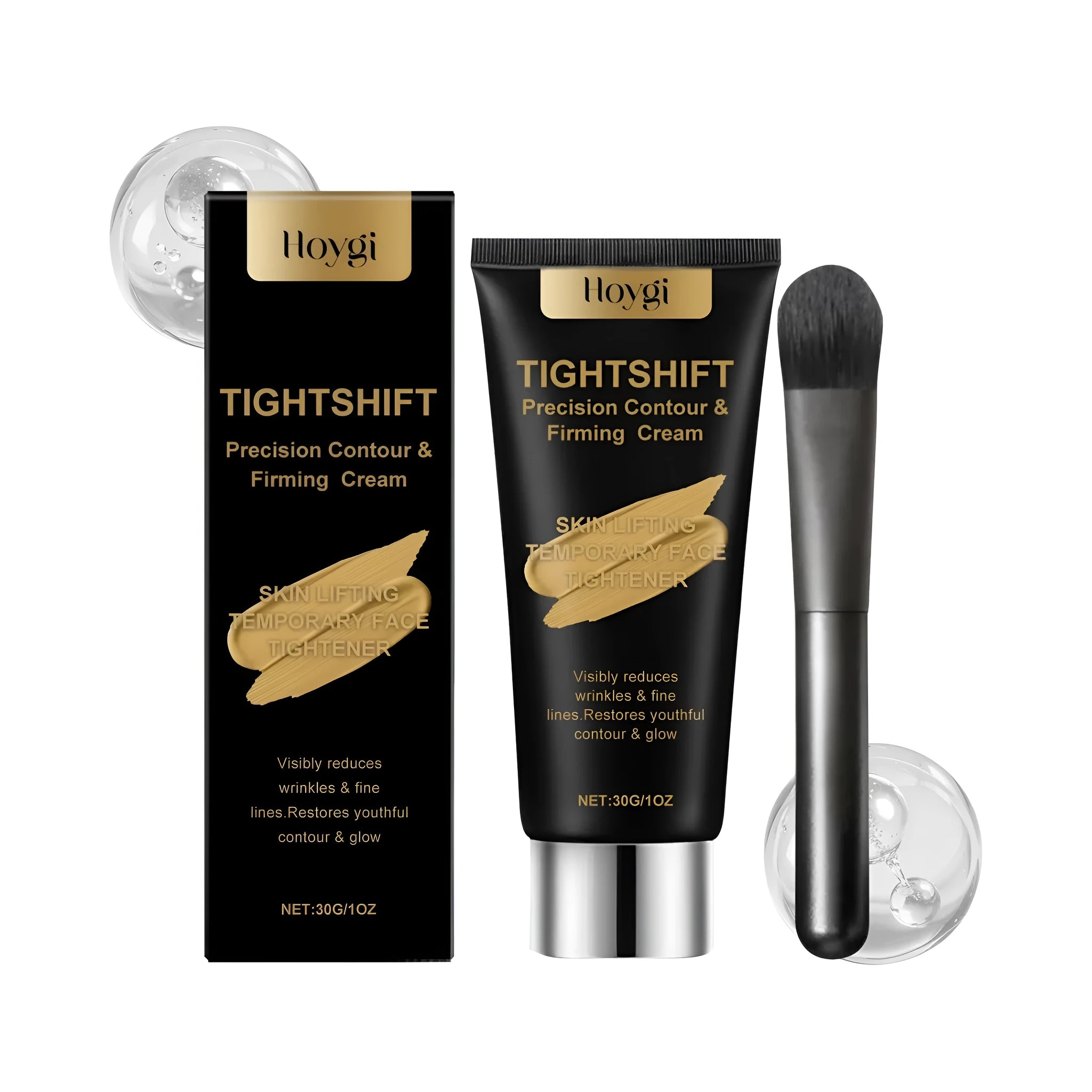 30g jar of light-textured moisturising and firming cream with a separate application brush on a white background.