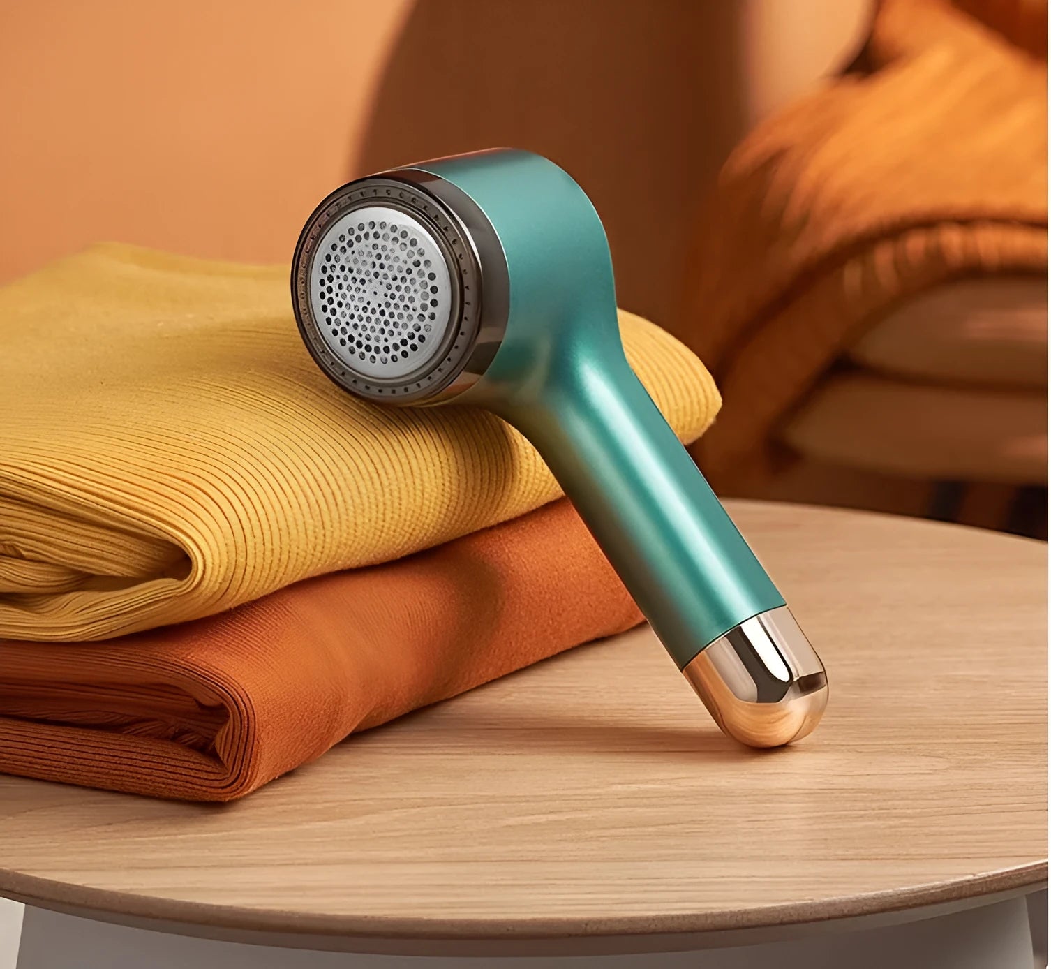 USB rechargeable hair ball trimmer with stainless steel cutting net on an ABS plastic body.