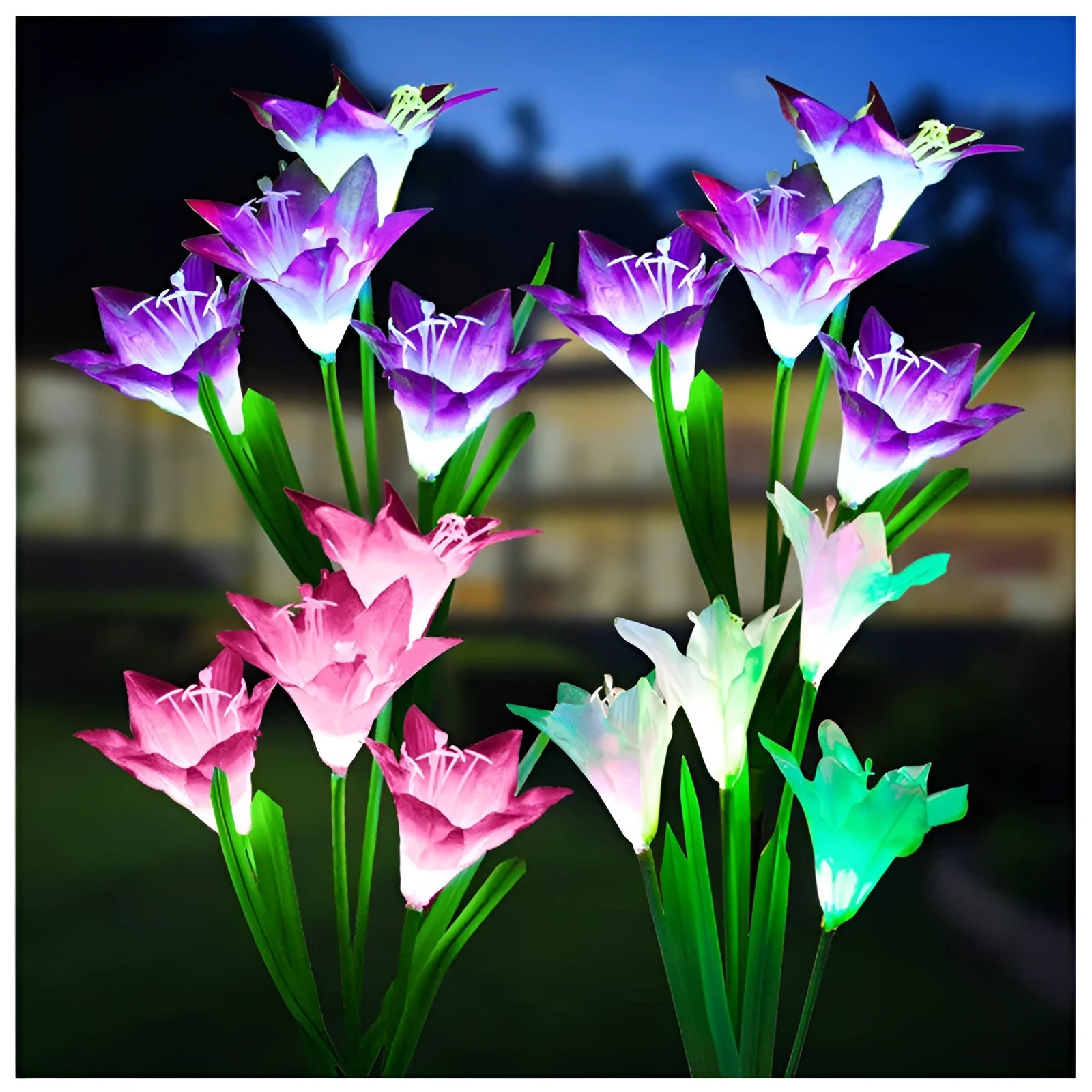 Solar lily flower light with silk cloth head, colour-changing LEDs, and stainless steel stake in a garden setting