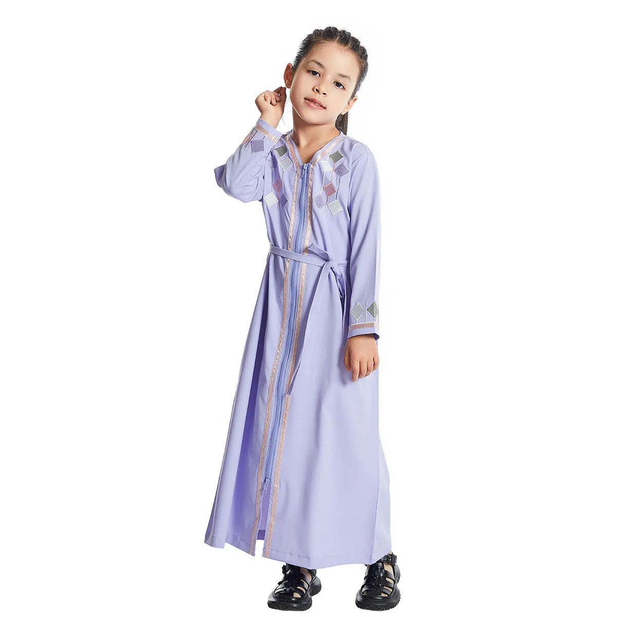 Southeast Asian girls embroidered dress in flounced skirt style, available in black, pink, and purple