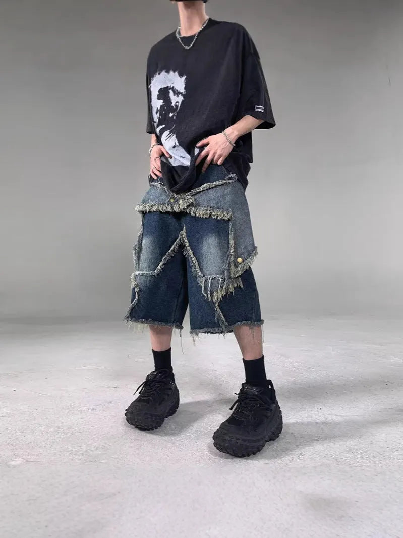 Blue denim shorts with frayed five-point star detailing in retro American style, loose fit for summer