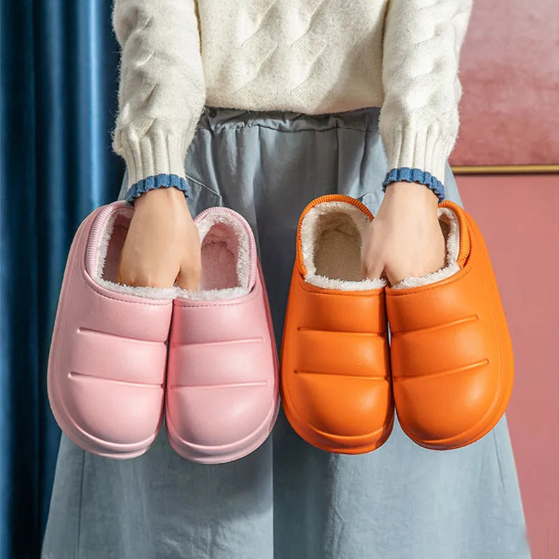 Couple cotton slippers winter warm house shoes with non-slip waterproof EVA sole and short fluff insole in multiple colours