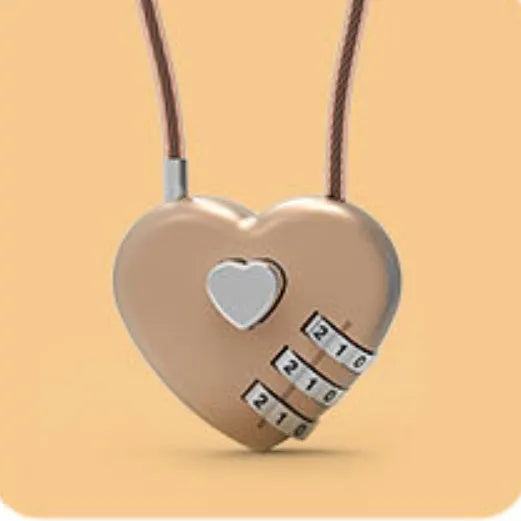 Peach Heart shaped wire rope lock in ABS plastic for securing bicycle helmets.