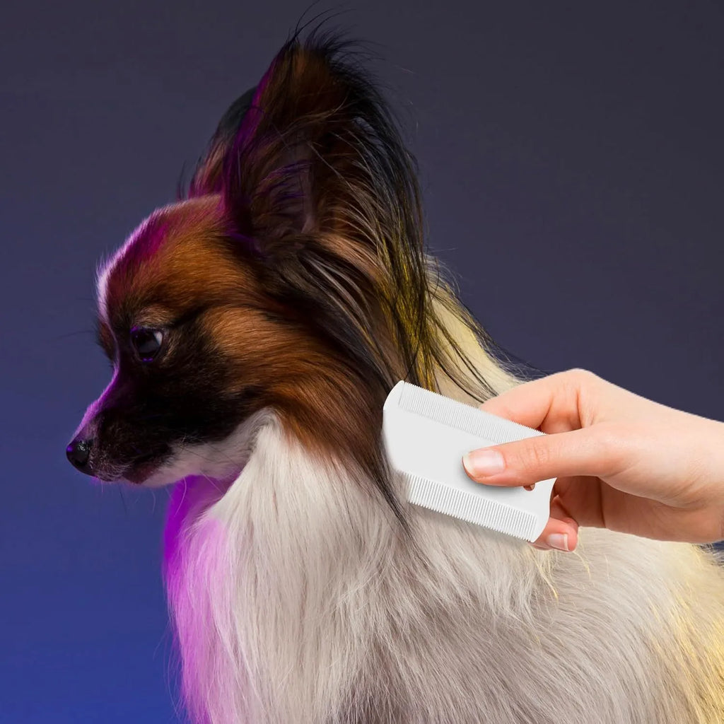Double-sided plastic flea comb for pets on a white background, showing dense teeth and compact 8.5 cm size.