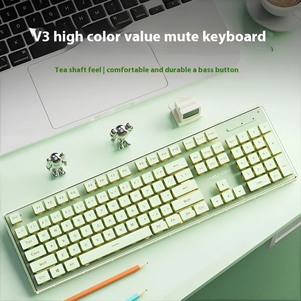 Prewalker V3 wired mute keyboard and mouse suit in retro green colour on a desk