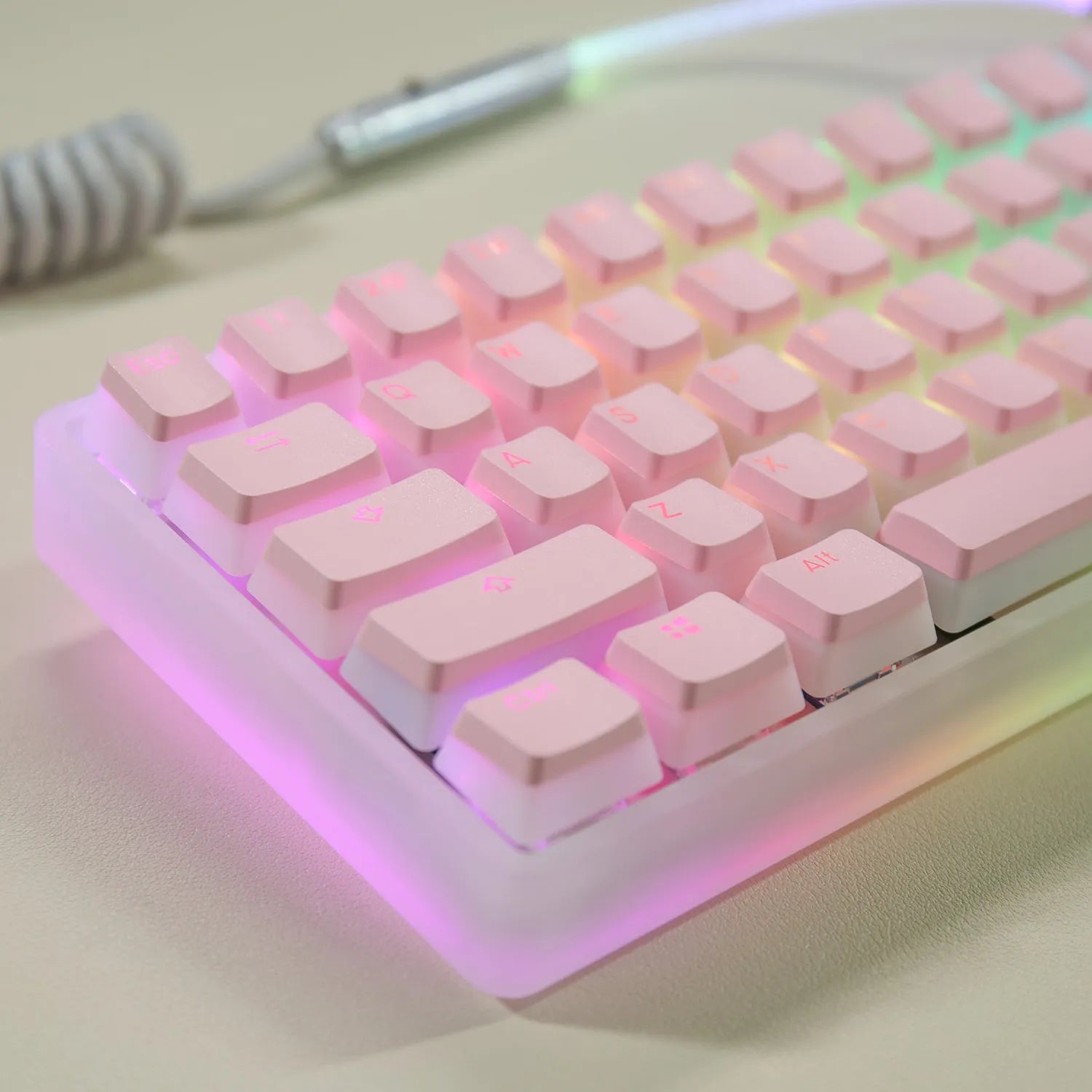 Double Skin Milk Pudding closed PBT transparent keycaps in pink and white for mechanical keyboard with RGB backlight visible