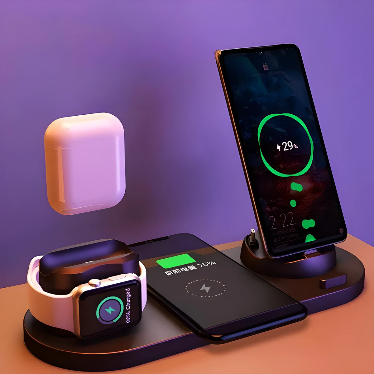 6-in-1 wireless fast charging pad station for iPhone and watch with USB input