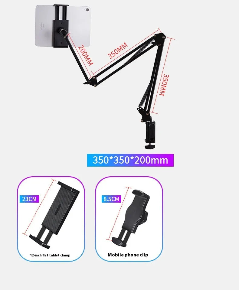 Foldable metal desktop lazy bracket with tablet clip and 360° rotation arm on a desk
