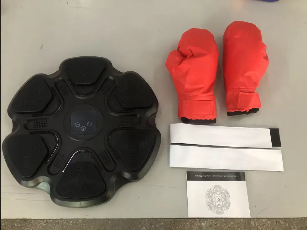 Smart electronic music boxing reaction training target wall unit with gloves, shown in white finish.