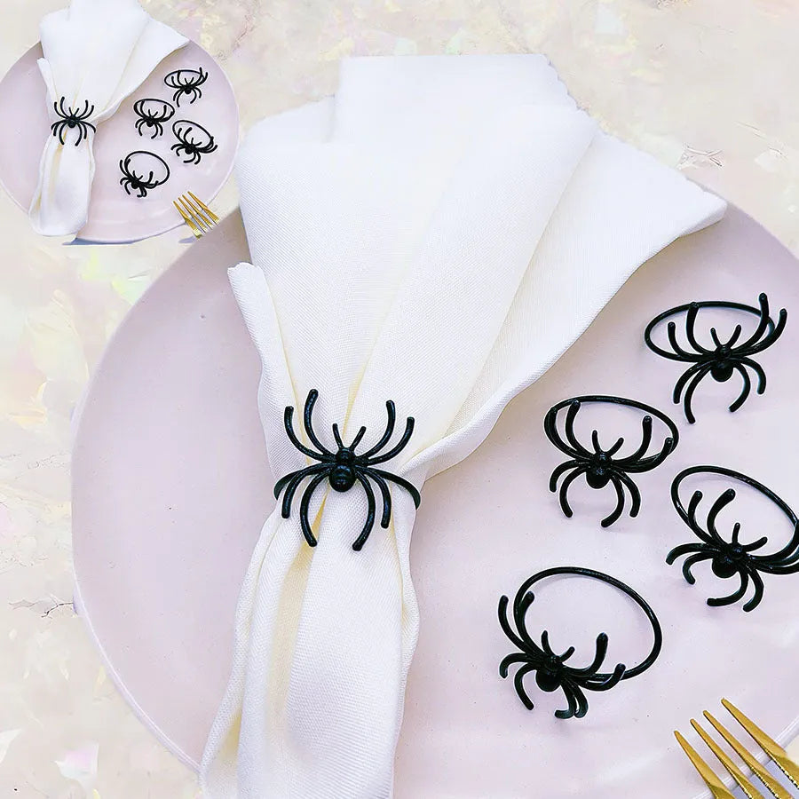 Six black alloy spider napkin rings for Halloween table decoration