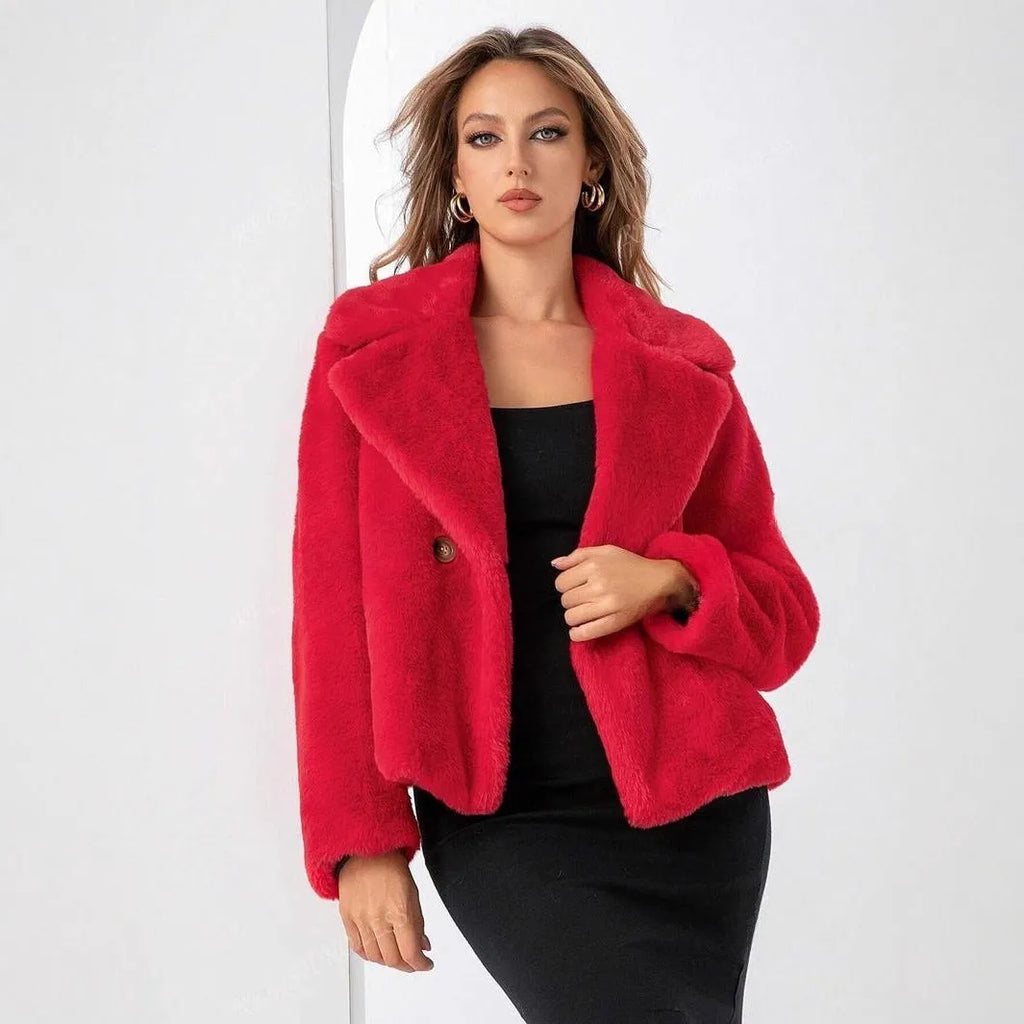 Women's loose-fit short coat in rose red faux fur with regular sleeves and fresh sweet style.